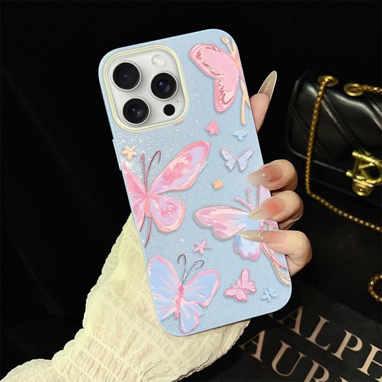 For iPhone 15 Pro Colorful Butterflies Pattern IMD Glitter PC Hybrid TPU Phone Case