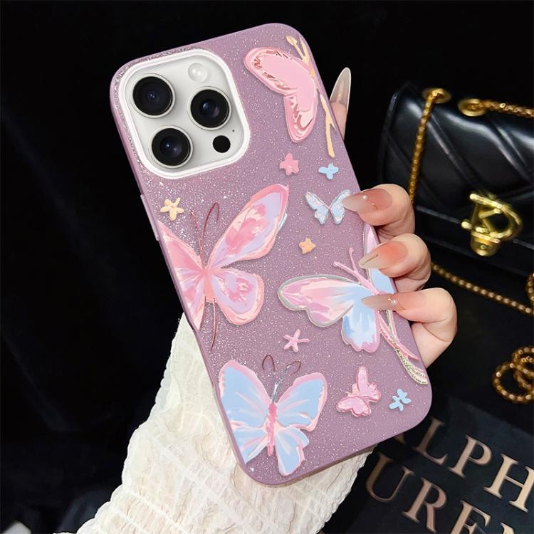 For iPhone 15 Pro Colorful Butterflies Pattern IMD Glitter PC Hybrid TPU Phone Case