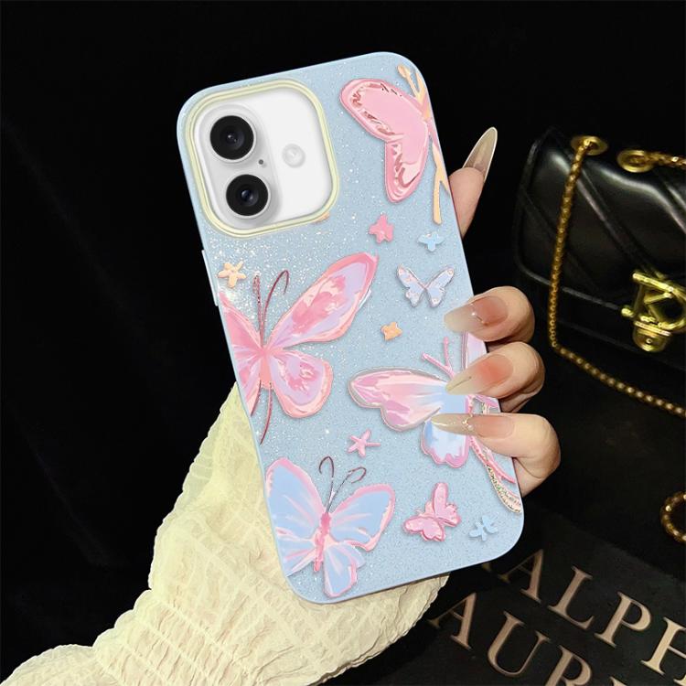 For iPhone 16 Plus Colorful Butterflies Pattern IMD Glitter PC Hybrid TPU Phone Case
