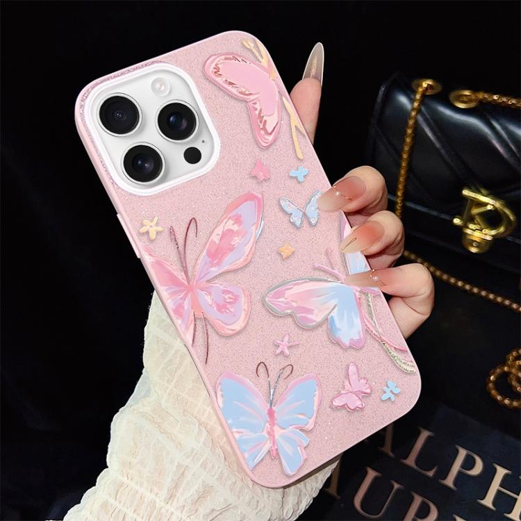 For iPhone 16 Pro Max Colorful Butterflies Pattern IMD Glitter PC Hybrid TPU Phone Case