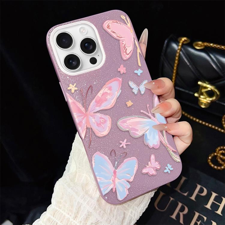 For iPhone 16 Pro Max Colorful Butterflies Pattern IMD Glitter PC Hybrid TPU Phone Case