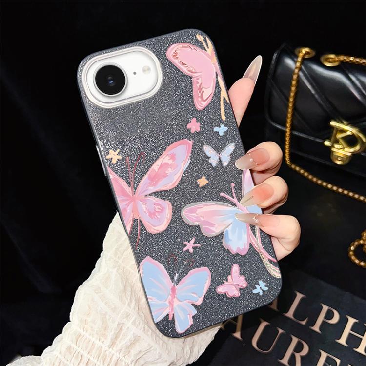 For iPhone 17e / 16e Colorful Butterflies Pattern IMD Glitter PC Hybrid TPU Phone Case