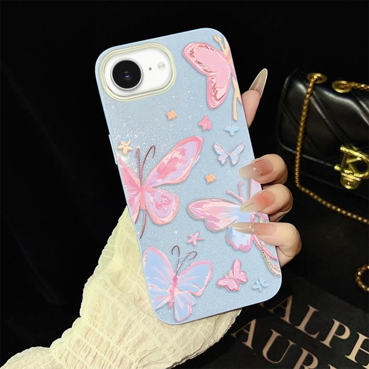 For iPhone 17e / 16e Colorful Butterflies Pattern IMD Glitter PC Hybrid TPU Phone Case