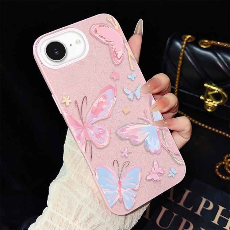 For iPhone 17e / 16e Colorful Butterflies Pattern IMD Glitter PC Hybrid TPU Phone Case