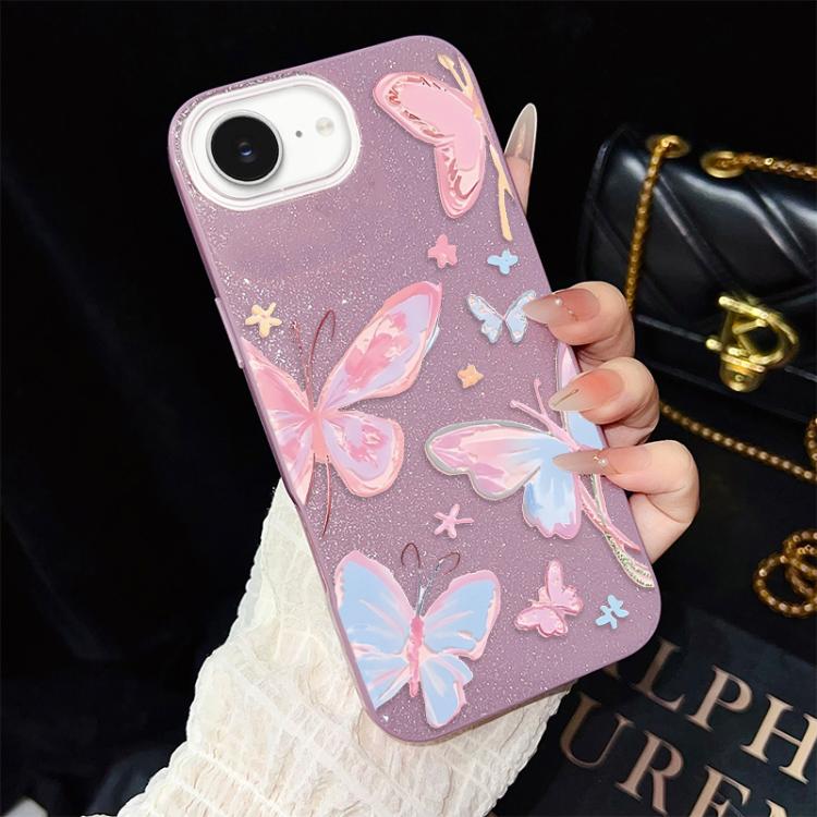 For iPhone 17e / 16e Colorful Butterflies Pattern IMD Glitter PC Hybrid TPU Phone Case