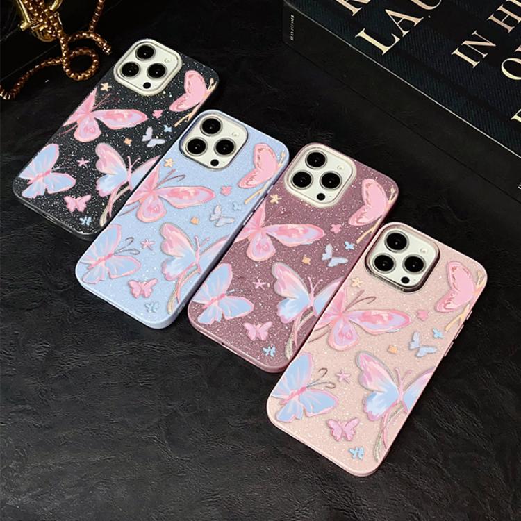 For iPhone 14 Plus Colorful Butterflies Pattern IMD Glitter PC Hybrid TPU Phone Case