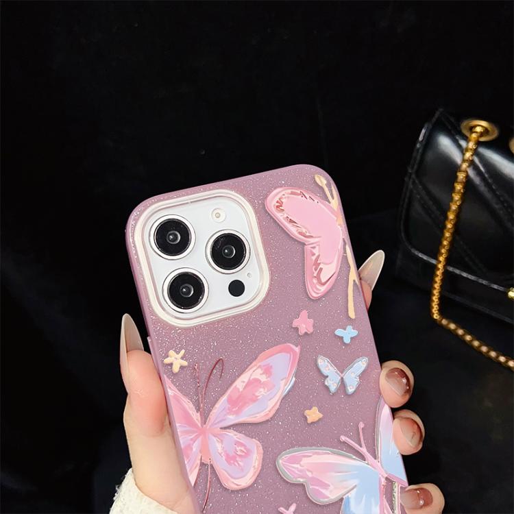 For iPhone 13 Colorful Butterflies Pattern IMD Glitter PC Hybrid TPU Phone Case
