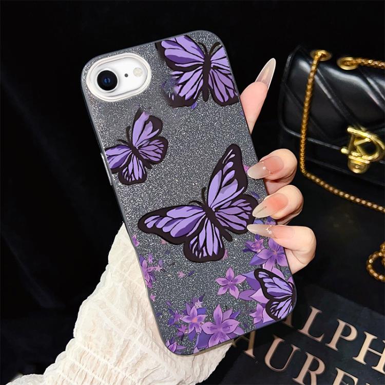 For iPhone SE 2022 / SE 2020 Purple Butterflies Pattern IMD Glitter PC Hybrid TPU Phone Case