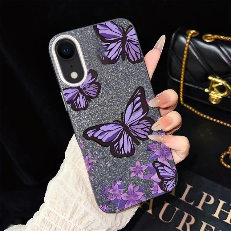 For iPhone XR Purple Butterflies Pattern IMD Glitter PC Hybrid TPU Phone Case