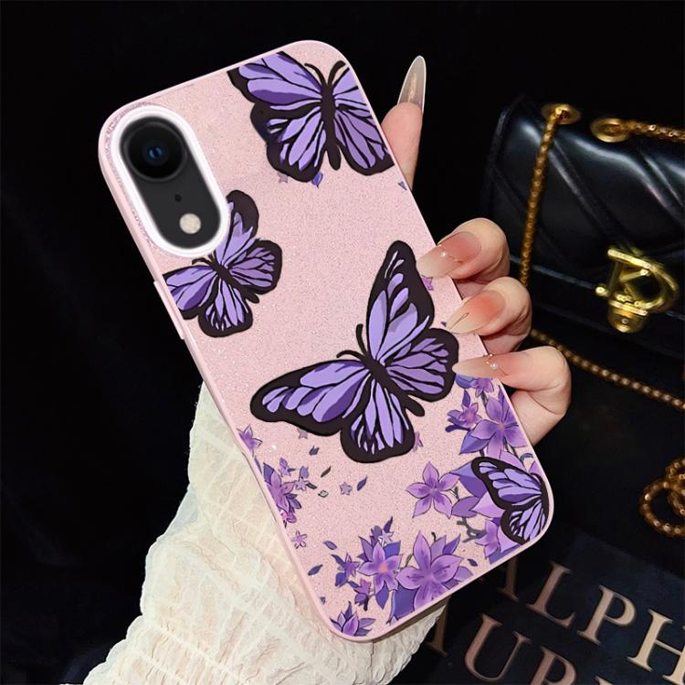 For iPhone XR Purple Butterflies Pattern IMD Glitter PC Hybrid TPU Phone Case