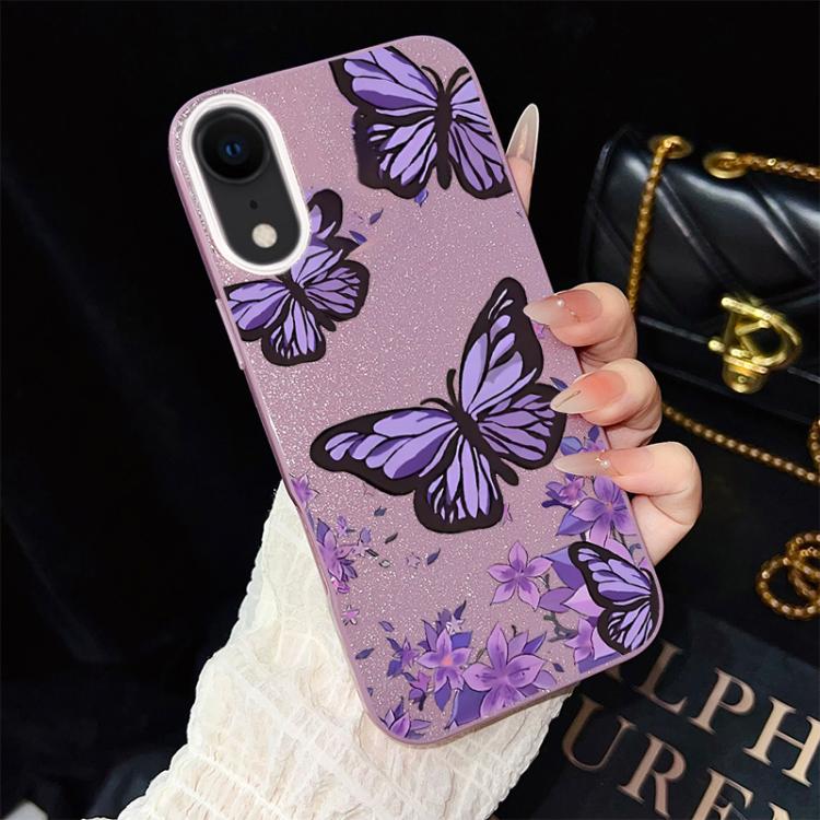 For iPhone XR Purple Butterflies Pattern IMD Glitter PC Hybrid TPU Phone Case