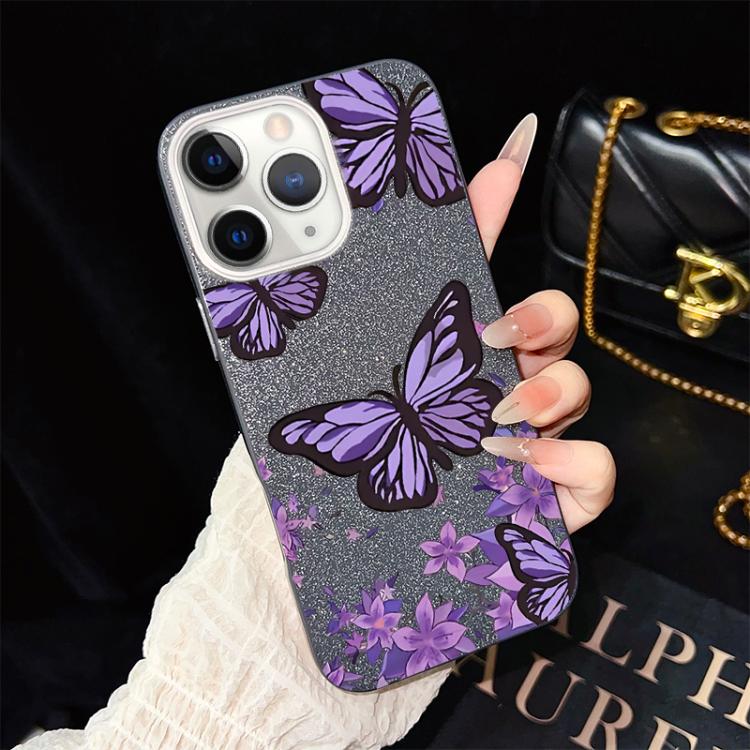 For iPhone 11 Pro Purple Butterflies Pattern IMD Glitter PC Hybrid TPU Phone Case