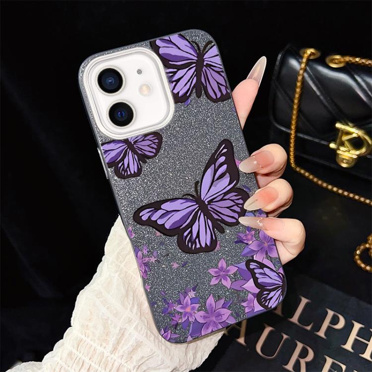 For iPhone 12 Purple Butterflies Pattern IMD Glitter PC Hybrid TPU Phone Case