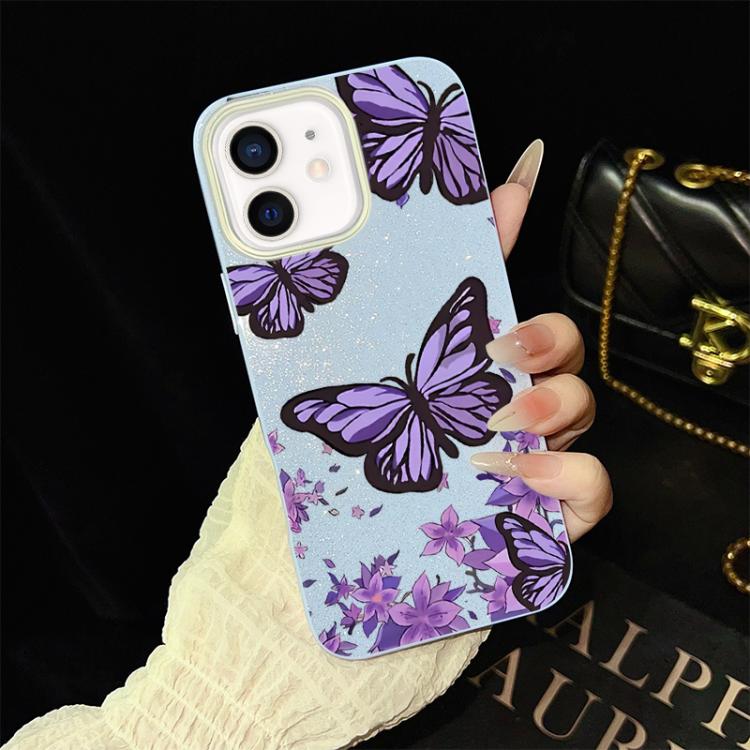 For iPhone 12 Purple Butterflies Pattern IMD Glitter PC Hybrid TPU Phone Case