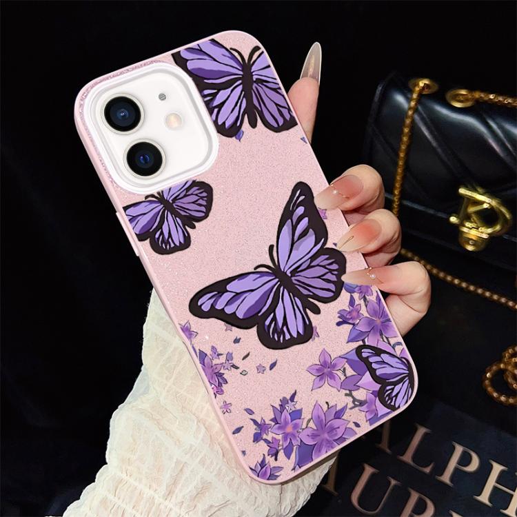 For iPhone 12 Purple Butterflies Pattern IMD Glitter PC Hybrid TPU Phone Case