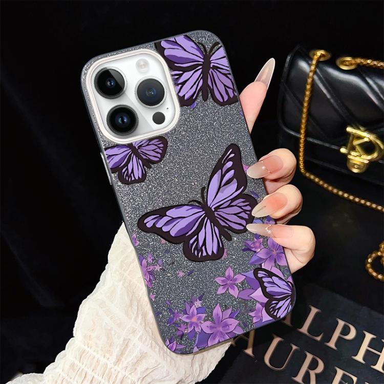 For iPhone 12 Pro Purple Butterflies Pattern IMD Glitter PC Hybrid TPU Phone Case