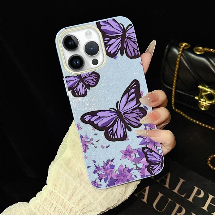For iPhone 12 Pro Max Purple Butterflies Pattern IMD Glitter PC Hybrid TPU Phone Case