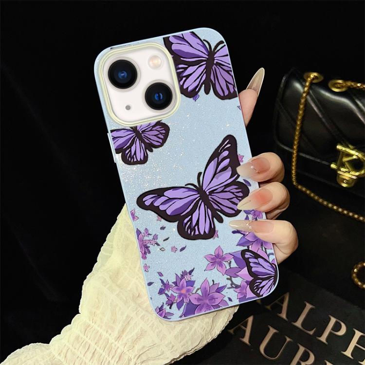 For iPhone 13 Purple Butterflies Pattern IMD Glitter PC Hybrid TPU Phone Case