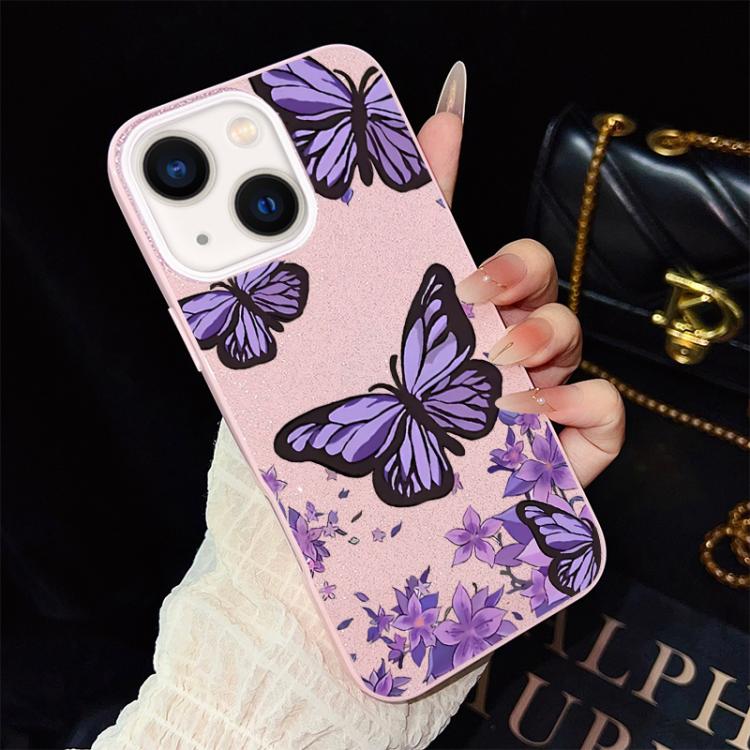 For iPhone 13 Purple Butterflies Pattern IMD Glitter PC Hybrid TPU Phone Case
