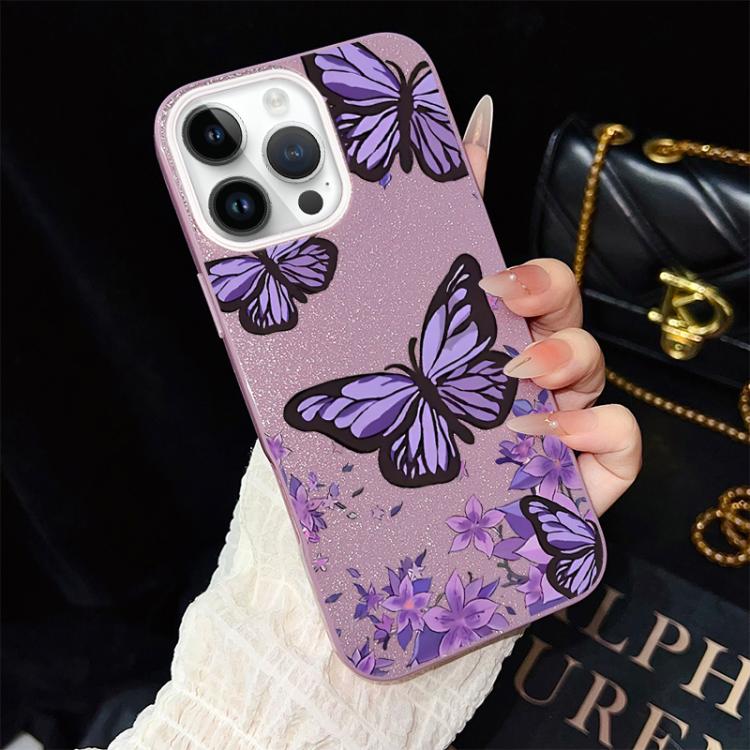 For iPhone 13 Pro Max Purple Butterflies Pattern IMD Glitter PC Hybrid TPU Phone Case