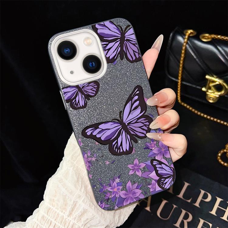 For iPhone 14 Purple Butterflies Pattern IMD Glitter PC Hybrid TPU Phone Case