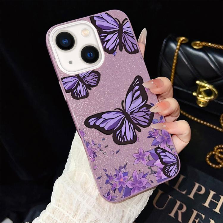 For iPhone 14 Plus Purple Butterflies Pattern IMD Glitter PC Hybrid TPU Phone Case