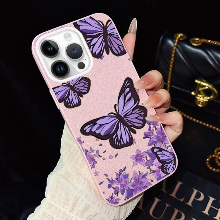 For iPhone 14 Pro Purple Butterflies Pattern IMD Glitter PC Hybrid TPU Phone Case