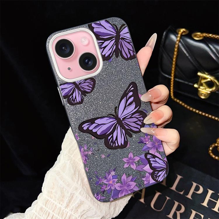 For iPhone 15 Purple Butterflies Pattern IMD Glitter PC Hybrid TPU Phone Case