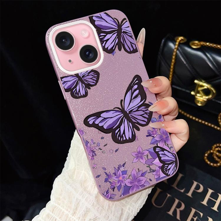 For iPhone 15 Purple Butterflies Pattern IMD Glitter PC Hybrid TPU Phone Case