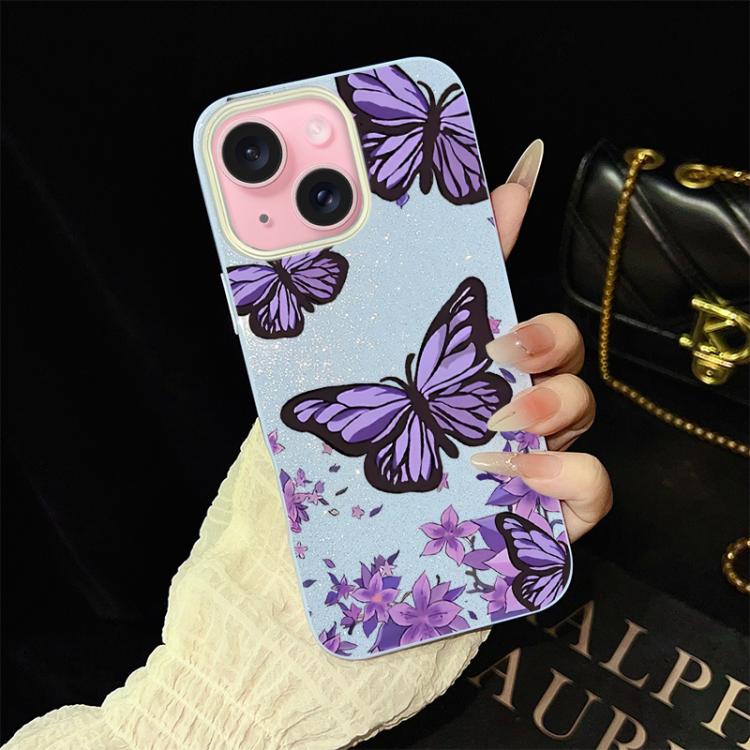 For iPhone 15 Plus Purple Butterflies Pattern IMD Glitter PC Hybrid TPU Phone Case