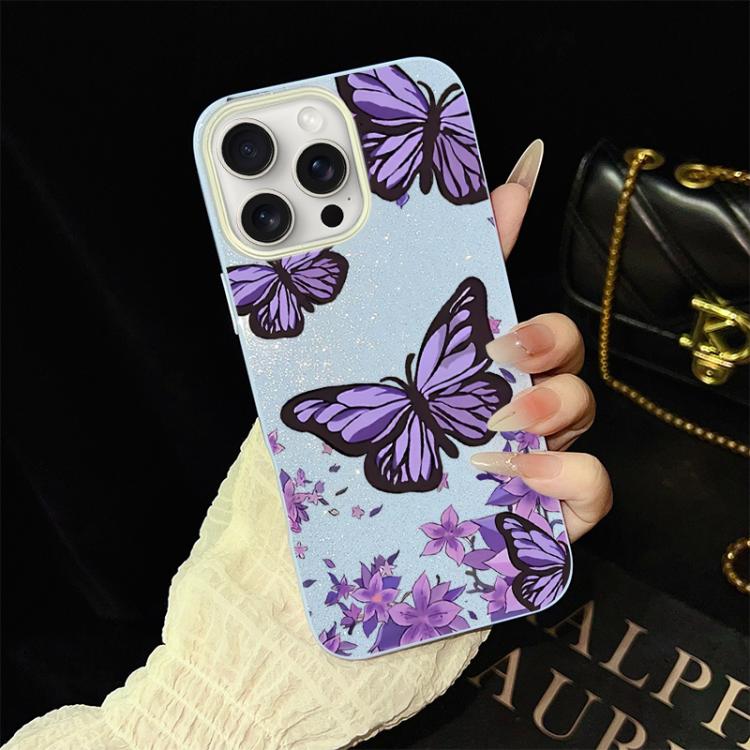For iPhone 15 Pro Purple Butterflies Pattern IMD Glitter PC Hybrid TPU Phone Case