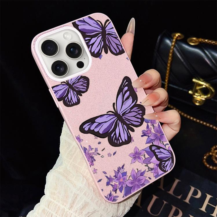 For iPhone 15 Pro Purple Butterflies Pattern IMD Glitter PC Hybrid TPU Phone Case