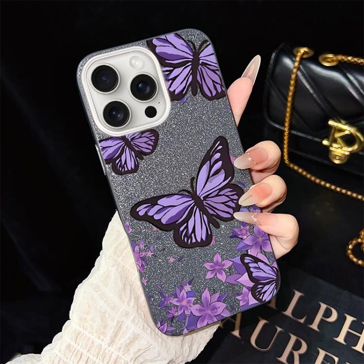 For iPhone 15 Pro Max Purple Butterflies Pattern IMD Glitter PC Hybrid TPU Phone Case