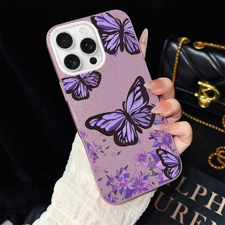 For iPhone 16 Pro Max Purple Butterflies Pattern IMD Glitter PC Hybrid TPU Phone Case