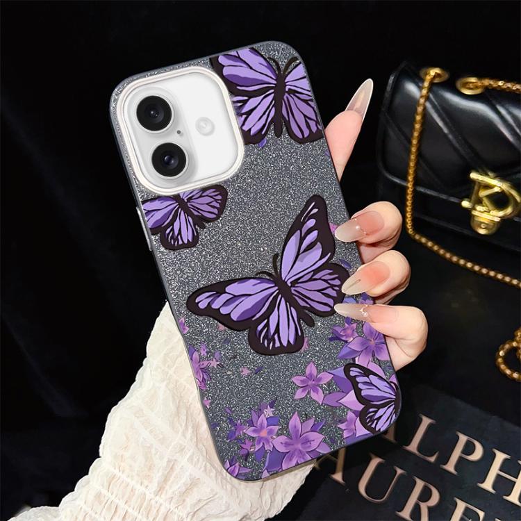 For iPhone 17 Purple Butterflies Pattern IMD Glitter PC Hybrid TPU Phone Case