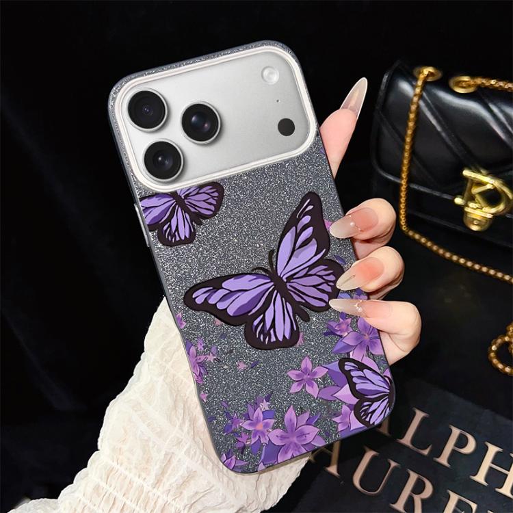 For iPhone 17 Pro Purple Butterflies Pattern IMD Glitter PC Hybrid TPU Phone Case