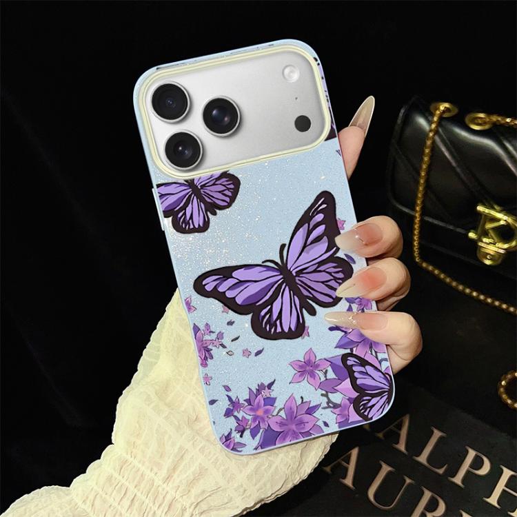 For iPhone 17 Pro Purple Butterflies Pattern IMD Glitter PC Hybrid TPU Phone Case