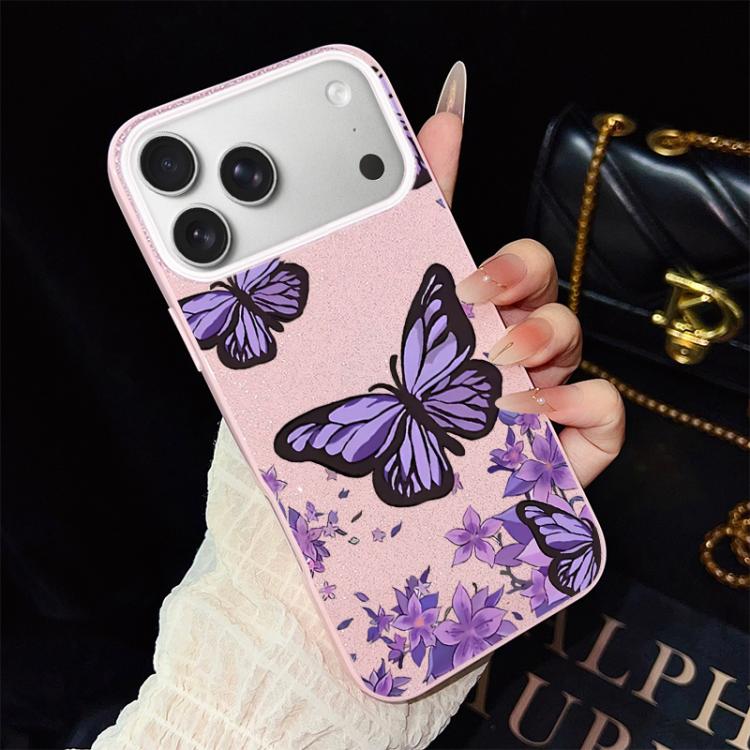 For iPhone 17 Pro Purple Butterflies Pattern IMD Glitter PC Hybrid TPU Phone Case