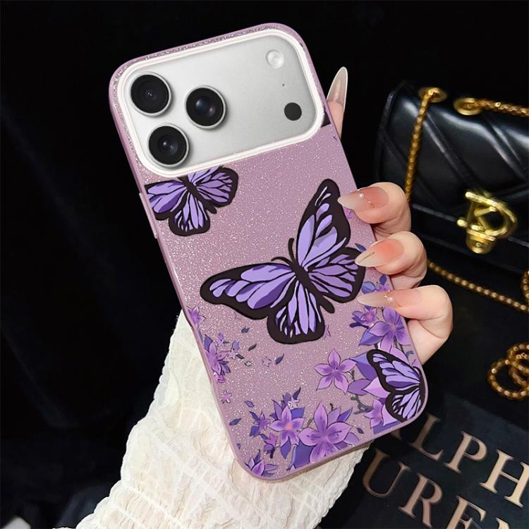 For iPhone 17 Pro Purple Butterflies Pattern IMD Glitter PC Hybrid TPU Phone Case