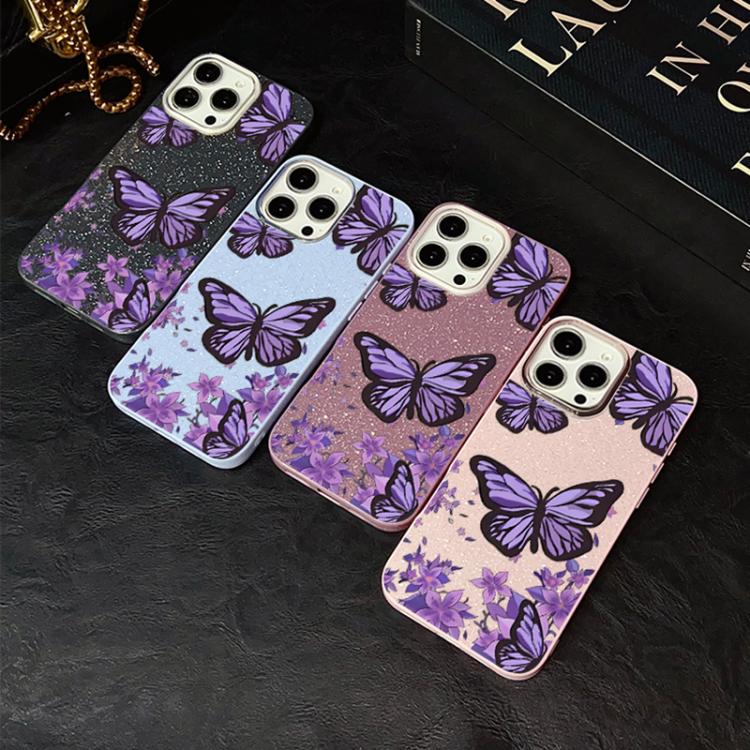 For iPhone XR Purple Butterflies Pattern IMD Glitter PC Hybrid TPU Phone Case