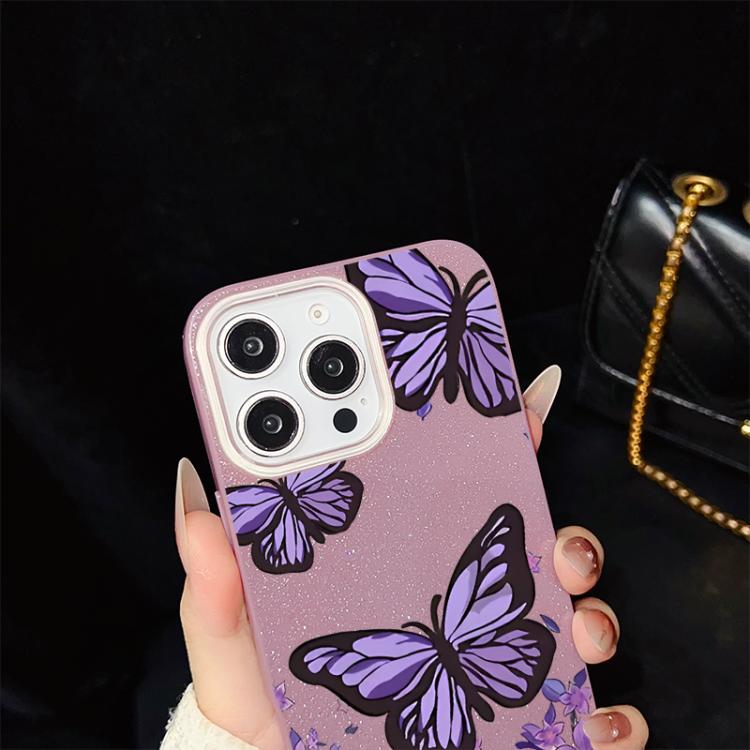 For iPhone 13 Purple Butterflies Pattern IMD Glitter PC Hybrid TPU Phone Case