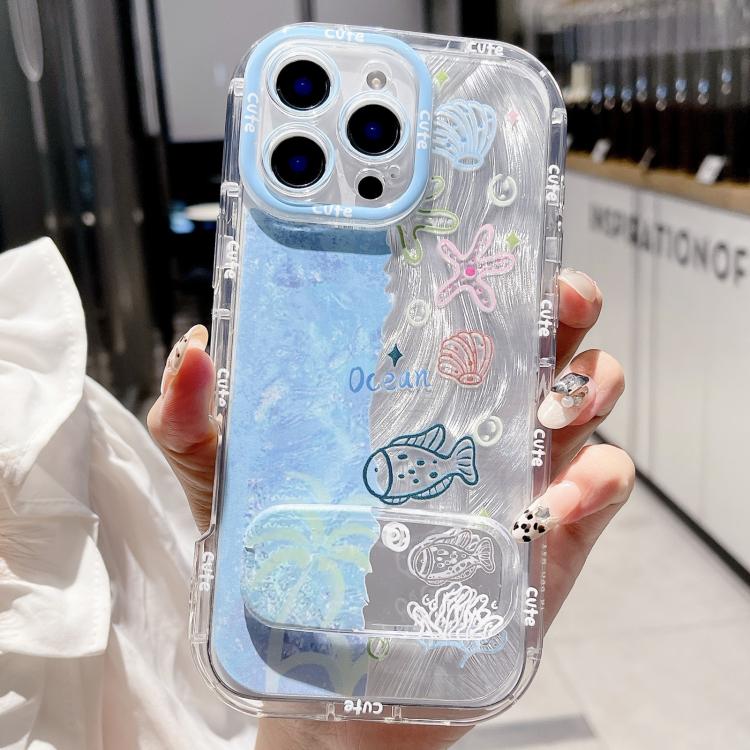 For iPhone 12 Pro IMD Ocean World Puffy Frosted PC Phone Case with Holder