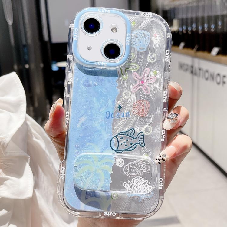 For iPhone 13 IMD Ocean World Puffy Frosted PC Phone Case with Holder
