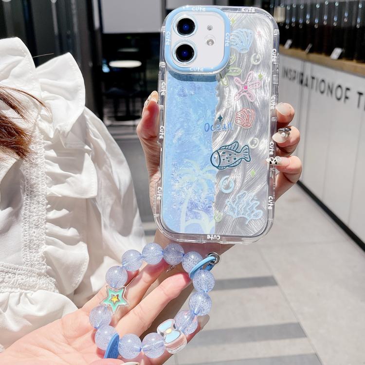 For iPhone 11 IMD Ocean World Puffy Frosted PC Phone Case with Bracelet Chain