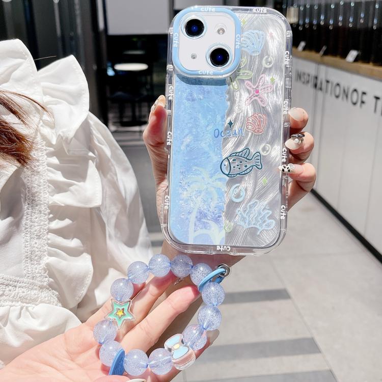 For iPhone 14 IMD Ocean World Puffy Frosted PC Phone Case with Bracelet Chain