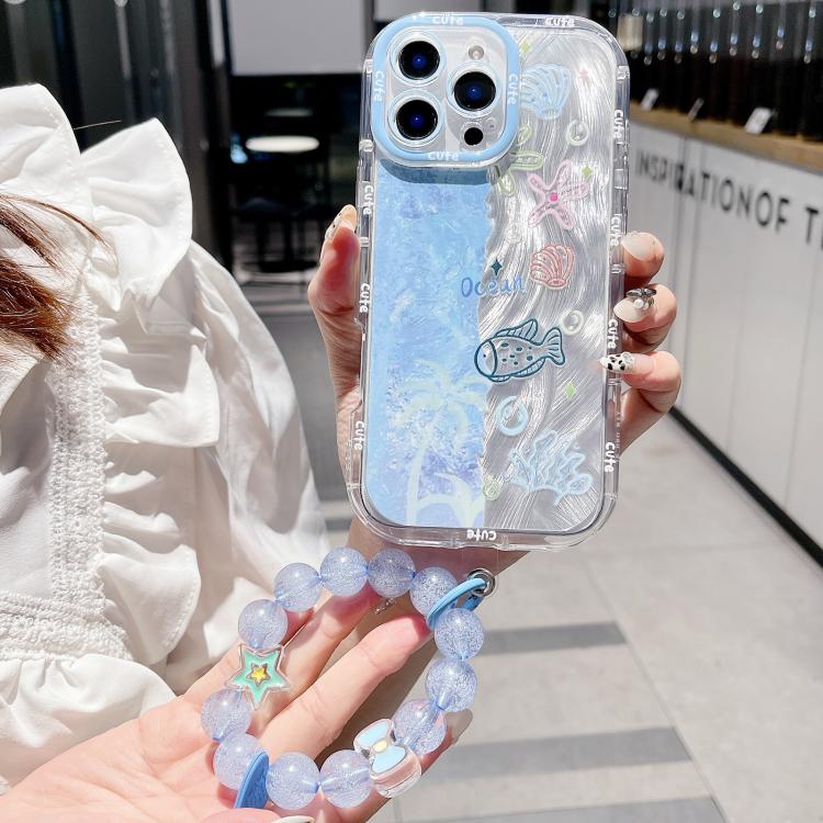 For iPhone 15 Pro IMD Ocean World Puffy Frosted PC Phone Case with Bracelet Chain
