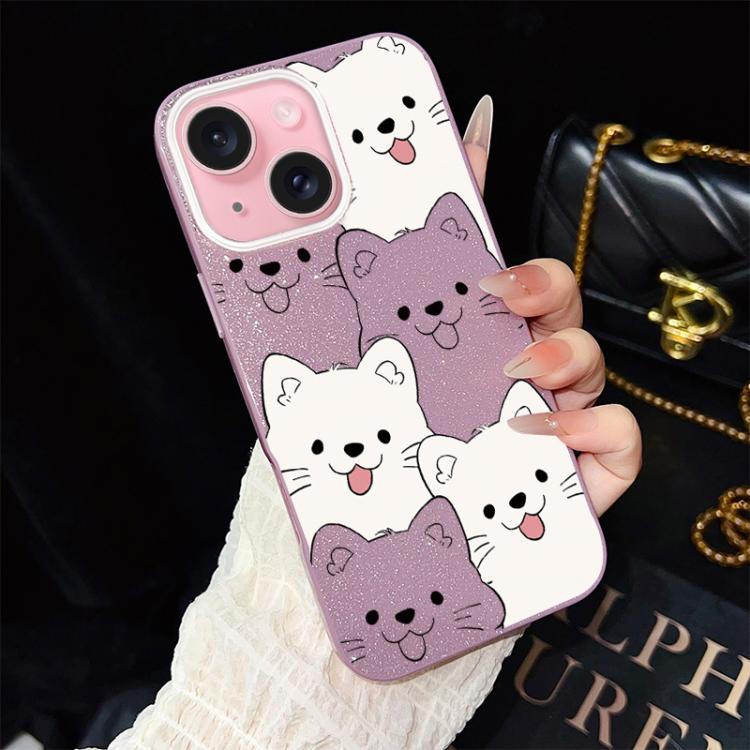 For iPhone 15 Playful Tongue-Out Puppy Pattern IMD Glitter PC Hybrid TPU Phone Case