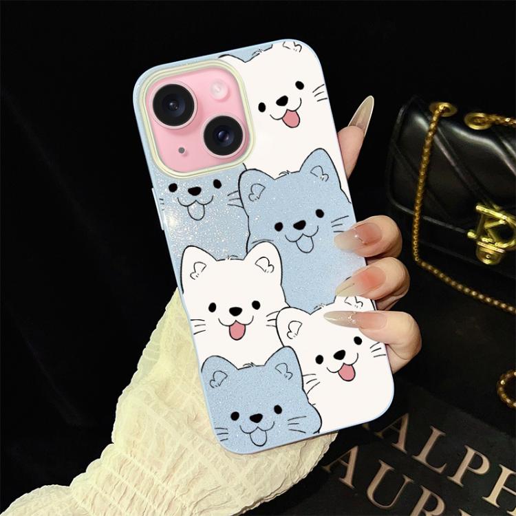 For iPhone 15 Plus Playful Tongue-Out Puppy Pattern IMD Glitter PC Hybrid TPU Phone Case