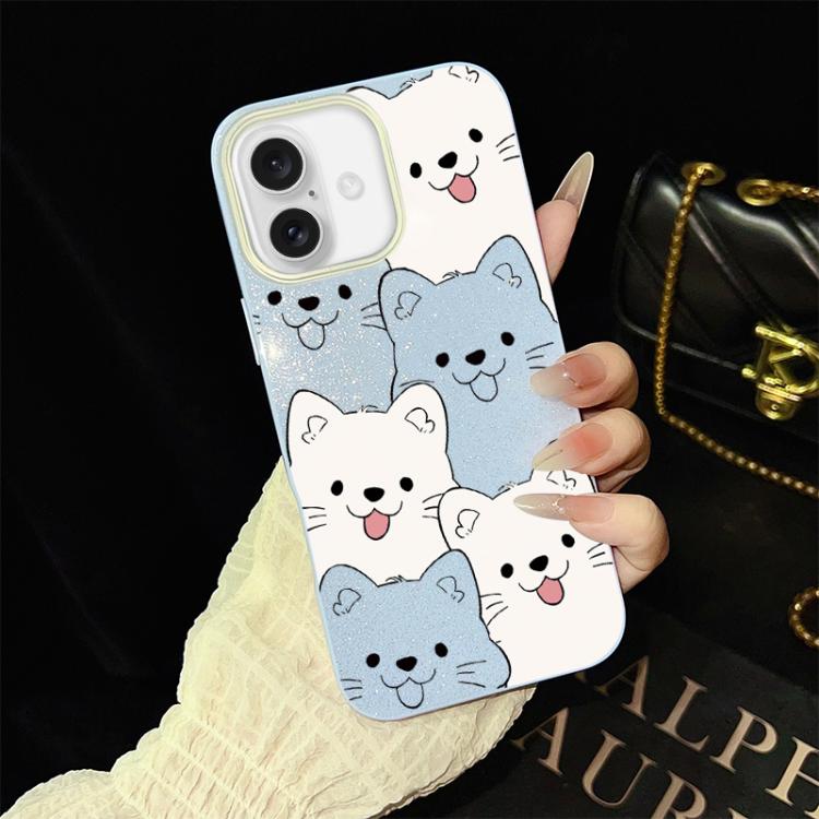 For iPhone 16 Plus Playful Tongue-Out Puppy Pattern IMD Glitter PC Hybrid TPU Phone Case