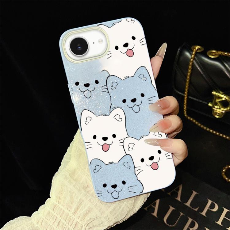 For iPhone 17e / 16e Playful Tongue-Out Puppy Pattern IMD Glitter PC Hybrid TPU Phone Case